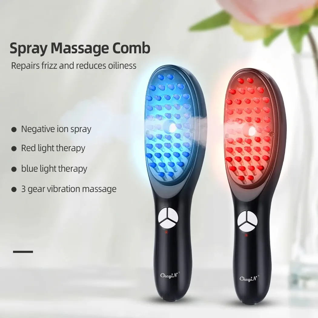 Massage Comb Blue Red Light Therapy Vibration Electric Hair Massage Scalp Brush Negative Ion Spray Hair Growth Massager