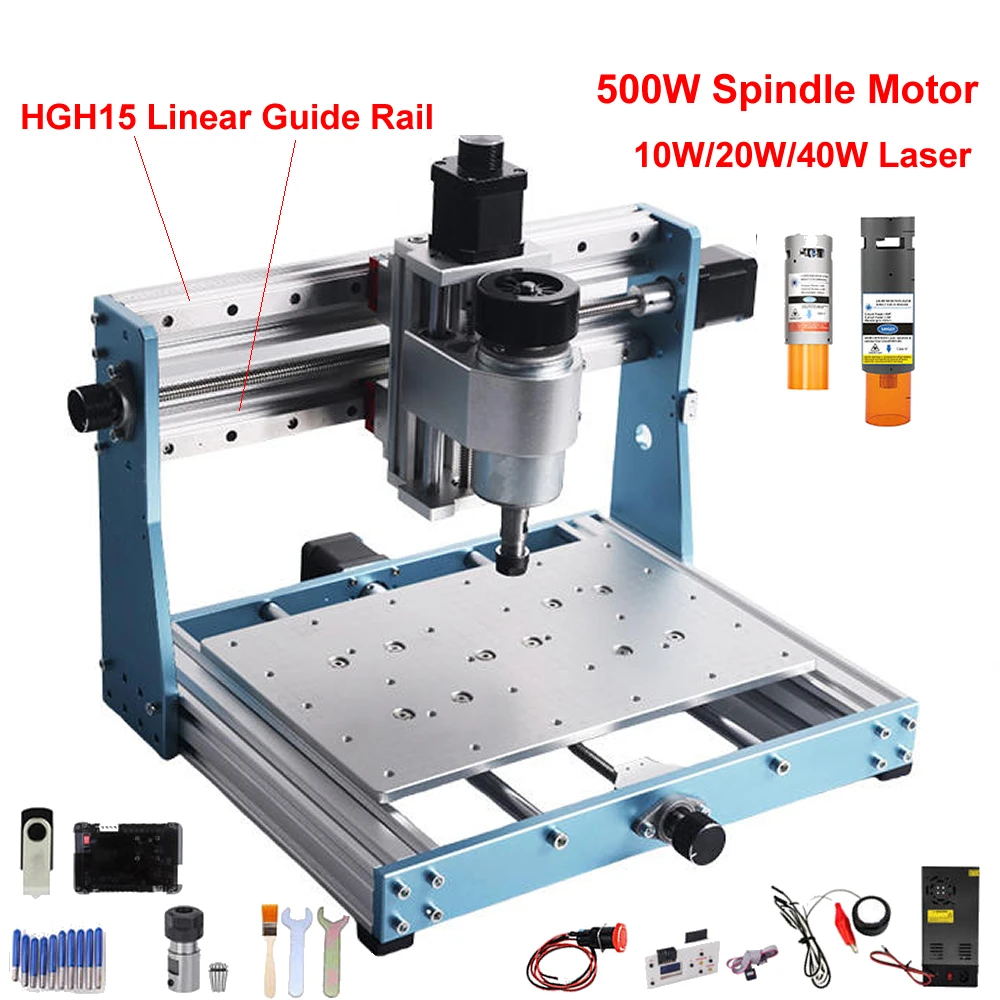 Full Metal Mini CNC Router 3020 Engraving Machine 500W Spindle 10W 20W 40W L aser GRBL Offline Controller PCB Milling Machine