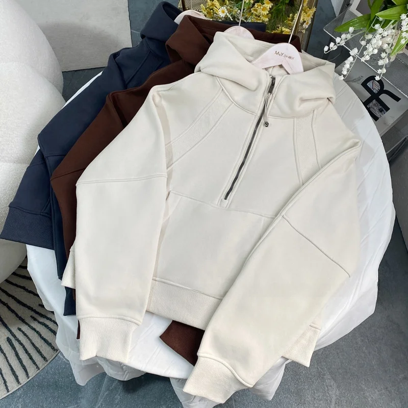 

Women's Scuba Hooded Jacket Yoga Sports Half Zipper Fleece Lined Warm Loose Winter Outerwear