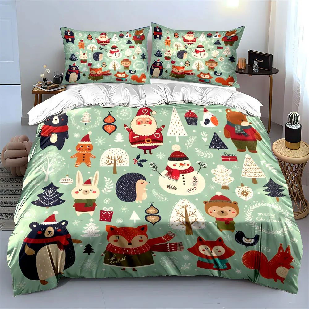 Cute Christmas-themed animal illustrations Print Bedding set 3PC 1 duvet cover 2 pillowcases adult and children bedding set