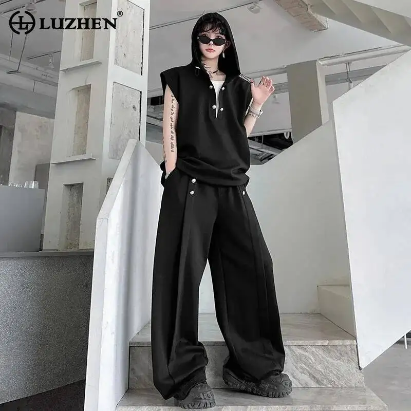 

LUZHEN 2026 Summer Solid Color Street Two-piece Sets Men Fashion Original Hoodies Sleeveless Vests Tops And Casual Pants JY6955