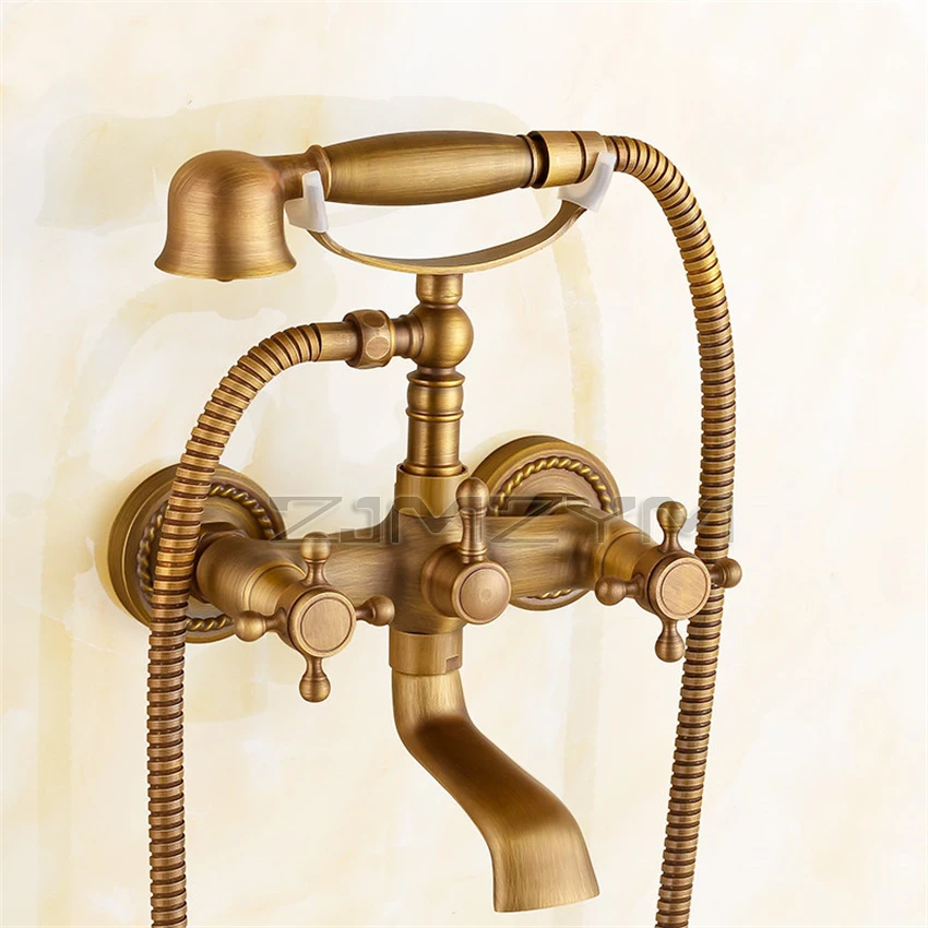 Retro Style Brass Bathtub Shower Faucet Set Dual Knobs Wall Mounted Bathtub Mixer with Handshower and Swivel Tub Spout Tap