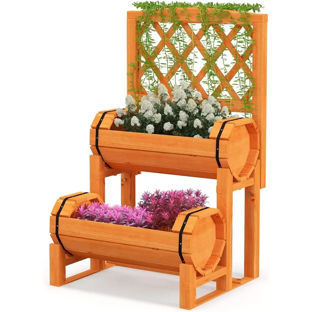 2-Tier Wooden Garden Bed with Diamond Lattice Trellis, Elevated Planter for Balcony or Patio, Orange