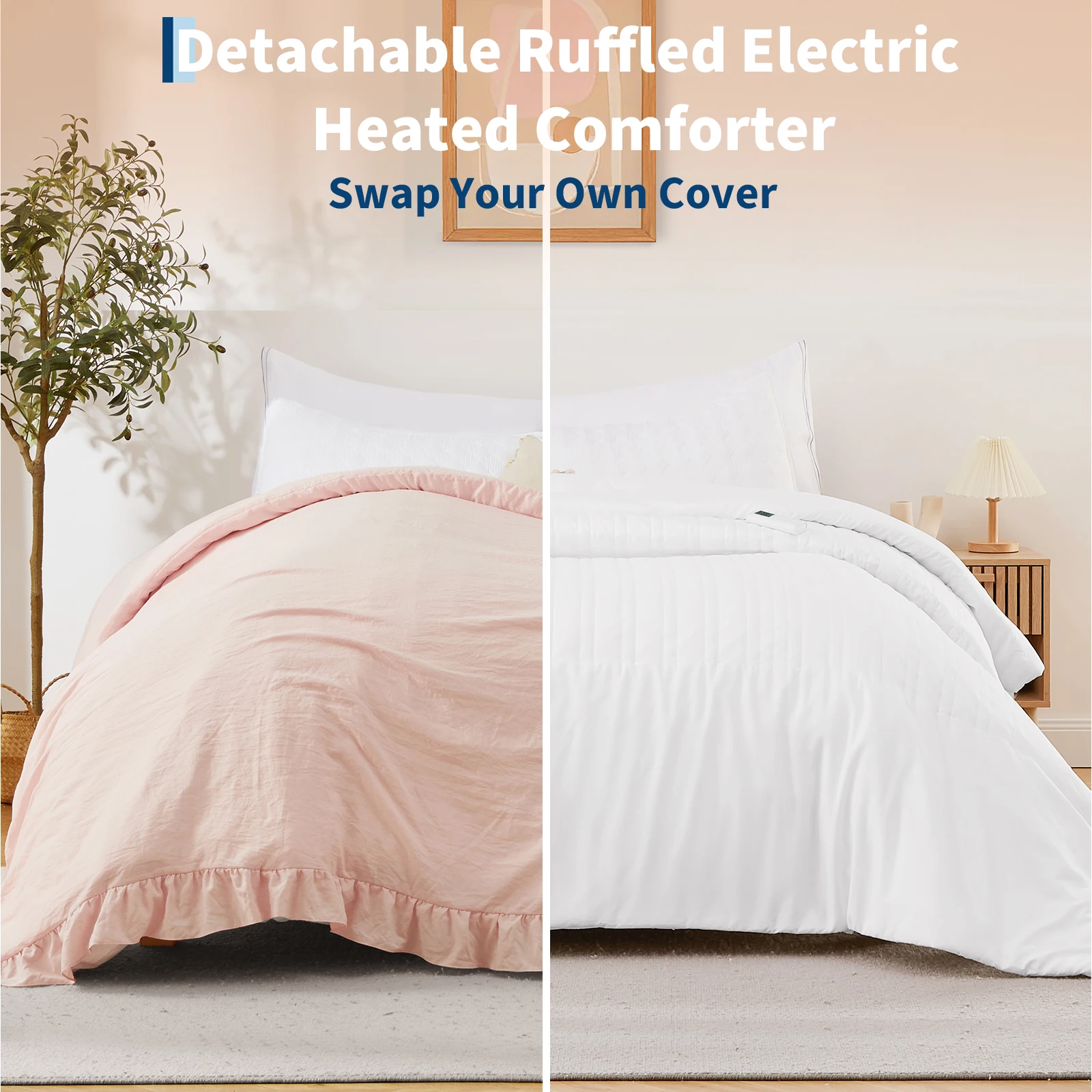 Wireless LCD Controller Heated Comforter, 10 Heat Settings, Custom Timer, Overheat Protection, Detachable Soft Ruffled Cover, Machine Washable