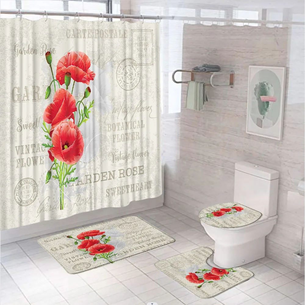 Red Poppy Flower Shower Curtain Set Countryside Field Scenery Outdoors Bathroom Curtains Non-Slip Bath Mat Rug Lid Toilet Cover