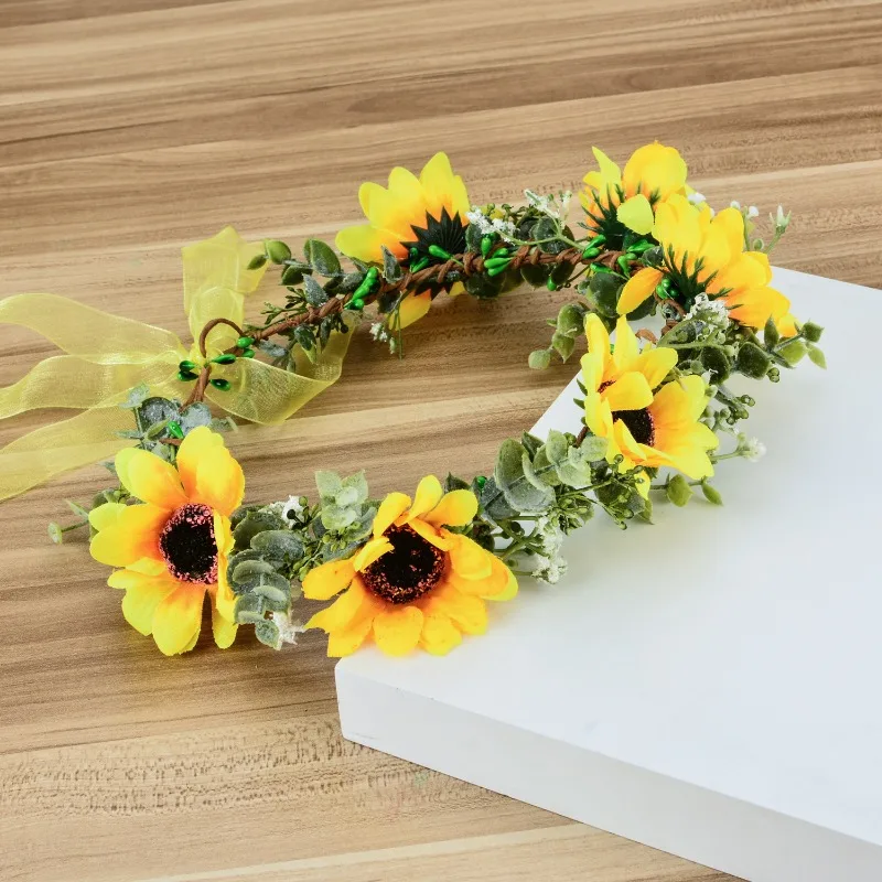 Green Leaf Floral Crown Eucalyptus Flower Women Girls Headband Flower Headpiece Bridal Halo Photo Prop (Sunflower Yellow)