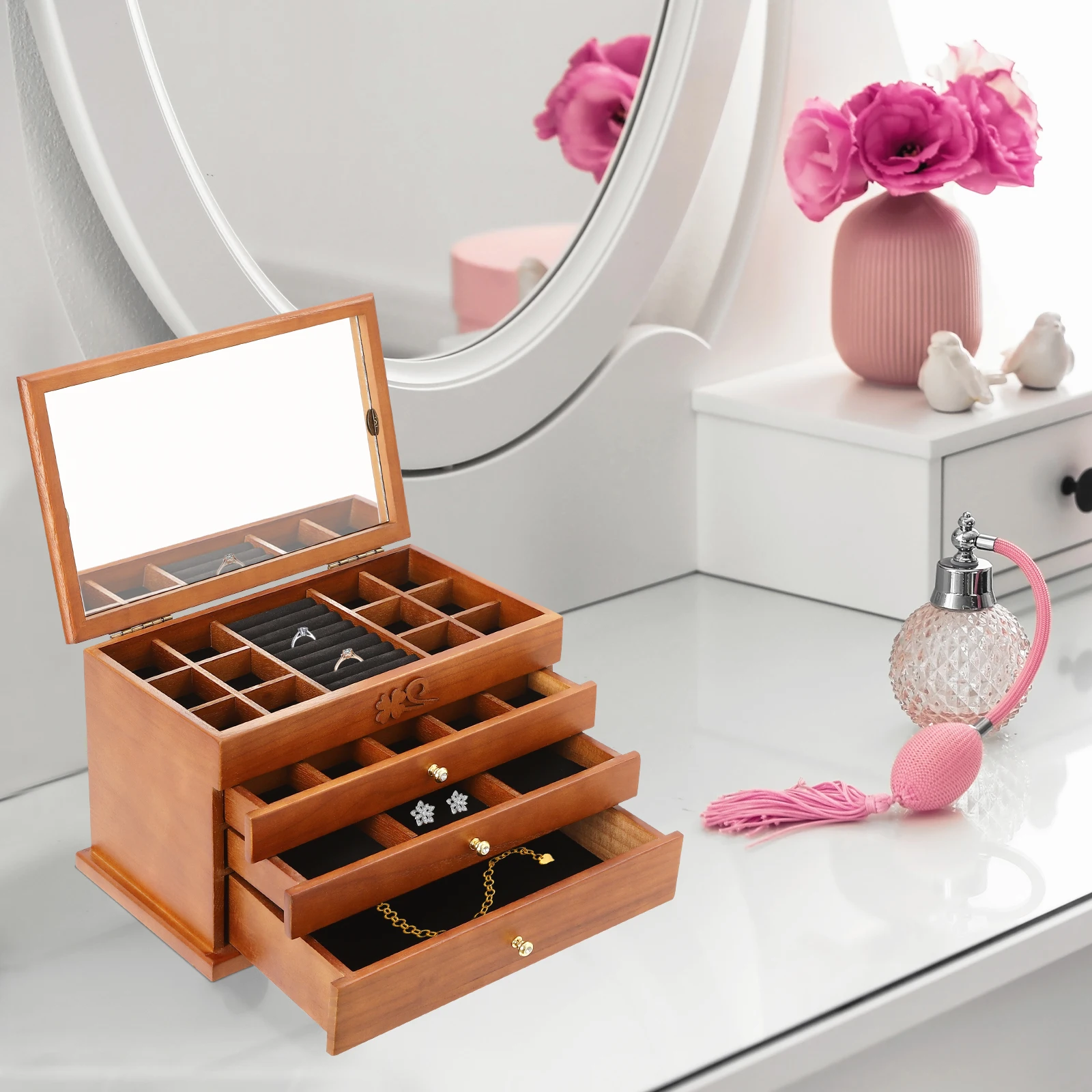 4 Layers Brown Large Wooden Jewelry Box with Mirror Drawers Christmas Gifts Birthday Presents for Women