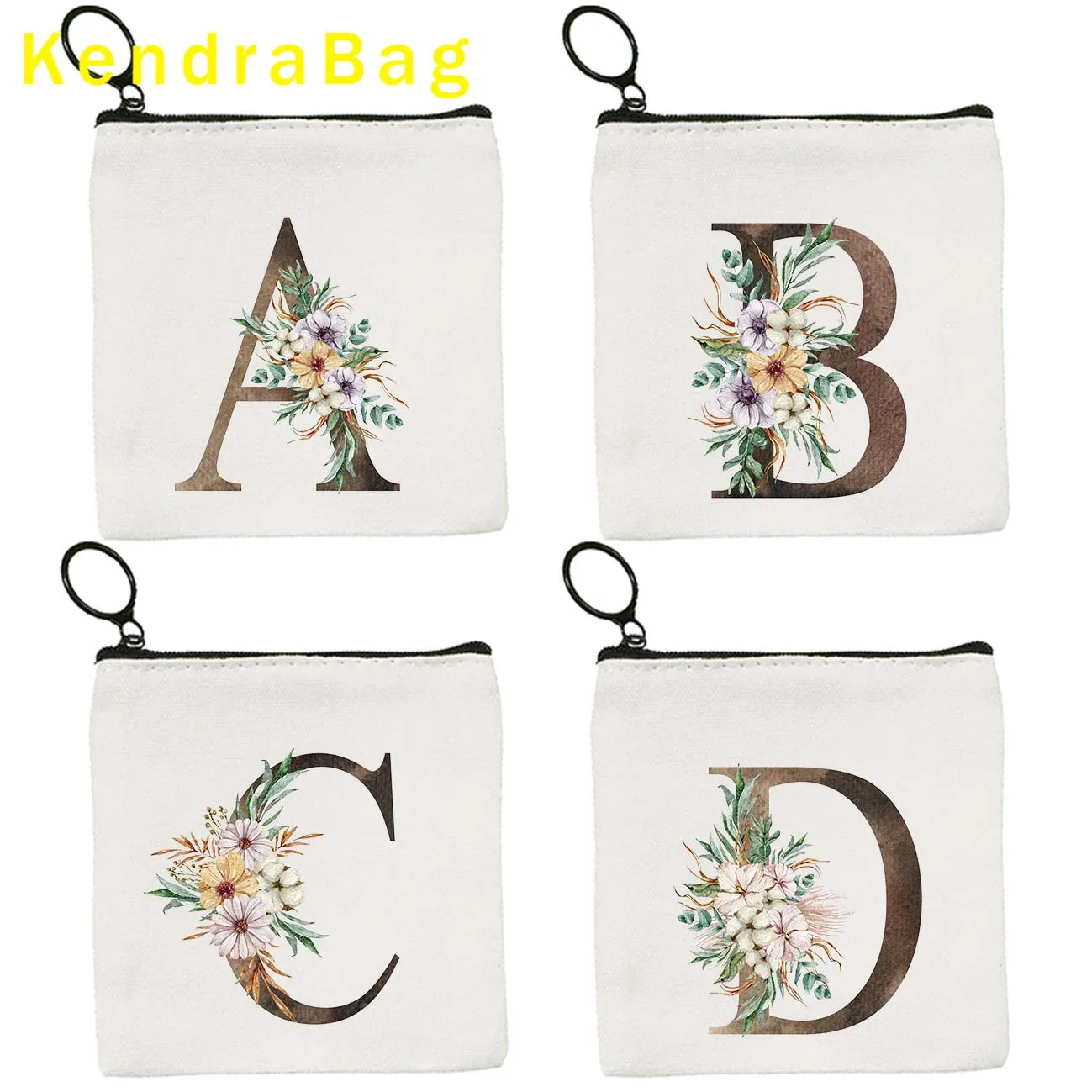 Watercolor Floral Wedding Monogram Flower Initial Letter Print Key Coin Purse Canvas Bags Pouch Cotton Bags Wallet Zipper Gifts