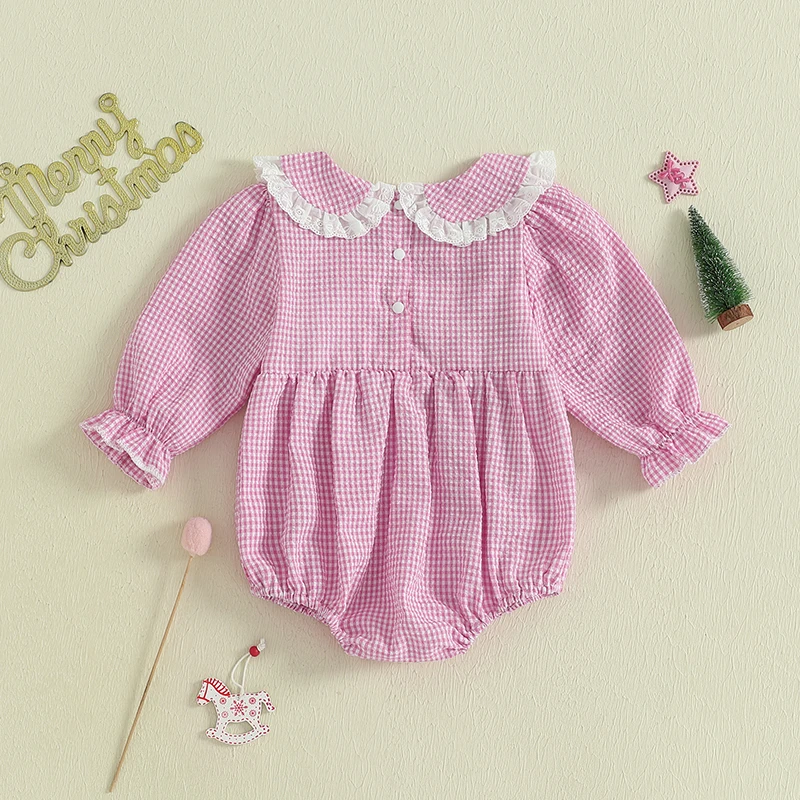 SUNSIOM 0-18 miesięcy dziewczynek wiosna jesień Romper nadruk w kratę haft z kokardką z długim rękawem kombinezon z kołnierzykiem dla lalek