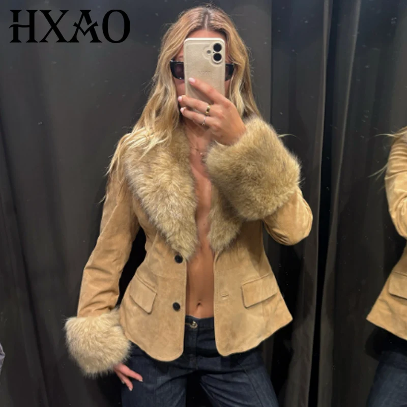 HXAO بليزرات للمرأة فو الفراء سترة المجهزة اقتصاص فو الجلود سترة جلد الغزال للنساء طويلة الأكمام أنيقة المرأة السترة معطف #2