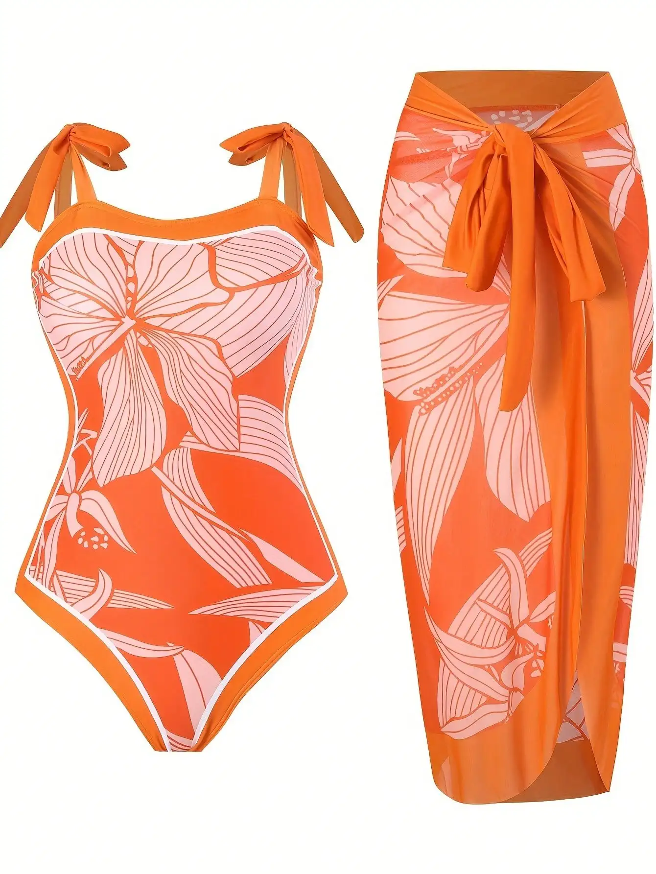 New Orange Tropical Floral One Piece Swimsuit Set, Tie Shoulder Straps Matching Wrap Split Sarong Cover Up Skirt view 5