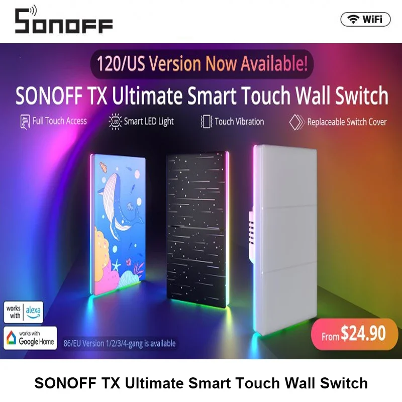 

Умный настенный выключатель SONOFF TX Ultimate с полным сенсорным управлением и светодиодной подсветкой