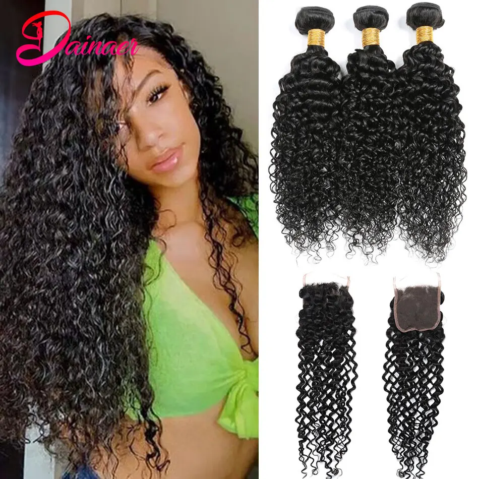 Pacotes Kinky Curly brasileiros com fechamento, extensões de cabelo humano, cabelo Remy preto natural com fechamento, 4x4