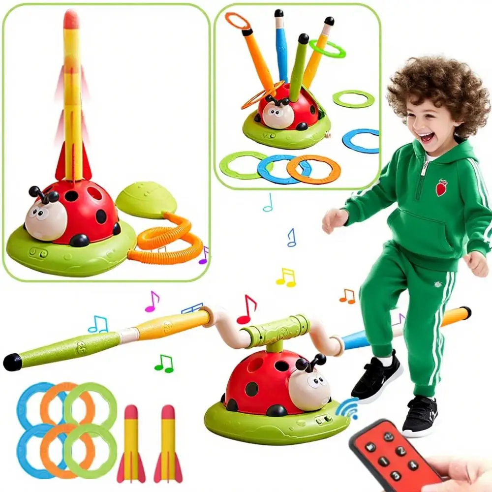 Máquina de Ejercicio Ladybug 2 en 1, 3 en 1, 4 en 1, 5 en 1, un juguete de entrenamiento sensorial que combina cuerda para saltar, lanzamiento de aros y lanzador de cohetes, que ofrece una variedad de modos de juego, a