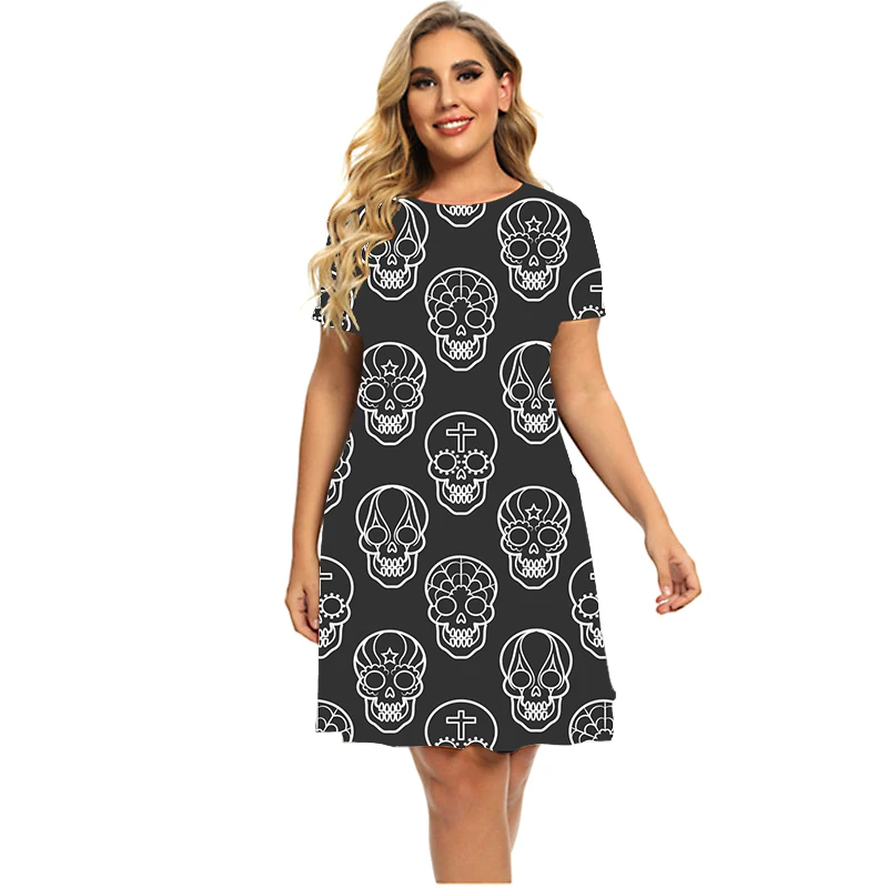 Fashion Gothic Style Terror White Skulls Dresses Women Bohemian Pattern 3D Print Dress Short Sleeve Loose Plus Size Clothing 6XL