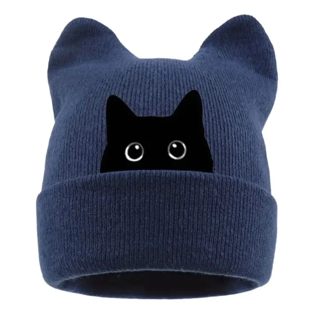 Fashion Knit Cat Ear Beanie Hat Y2K Harajuku Punk Gothic Brimless Skull Cap Stretchable Winter Knit Hat Women