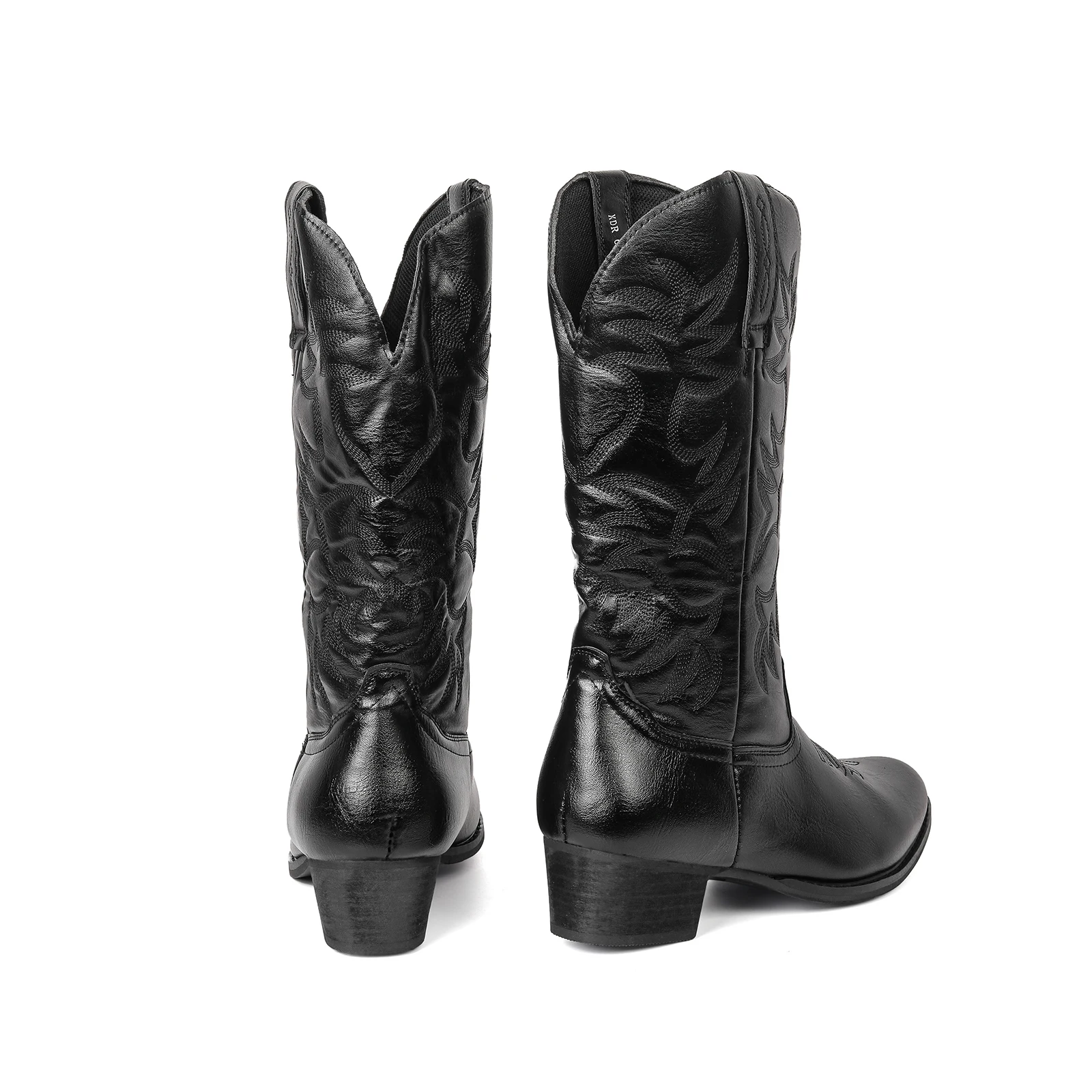 Męskie haftowane skórzane kozaki do kolan na obcasie Retro Europejskie Amerykańskie Kowbojskie Botki ze skóry PU Casualowe Buty Botas De Hombre