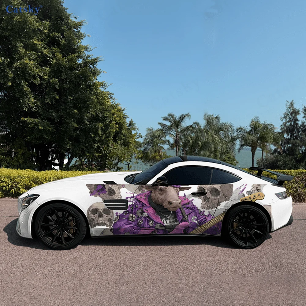 Cattle Personification Guitar Car Vinyl Wraps Decal Selfadhesive PVC Sticker Suitable for Trucks SUV Decor Auto Accessories Gift