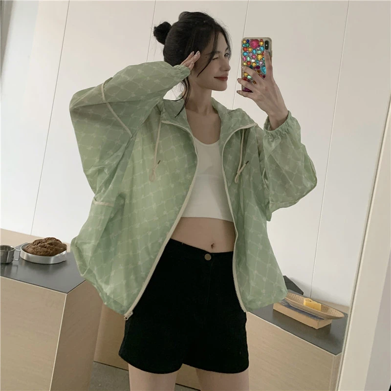 New Korean Versatile Popular Thin Sun Protection Coat Loose Jacket Trendy Diamond Zipper Casual Hooded Coat For Women's