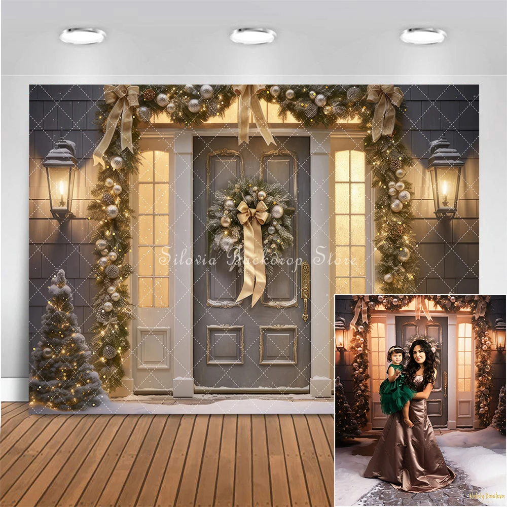 

Winter Christmas Snow Photo Background Kids Adult Portrait Photography Backdrop Silver Champagne Holiday Door Photo Studio Props