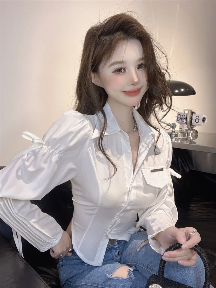 Women Fall White Polo Neck Blouse Sweet Chic Cropped Design Irregular Hem Slimming Long Sleeve Shirt French Vintage Top