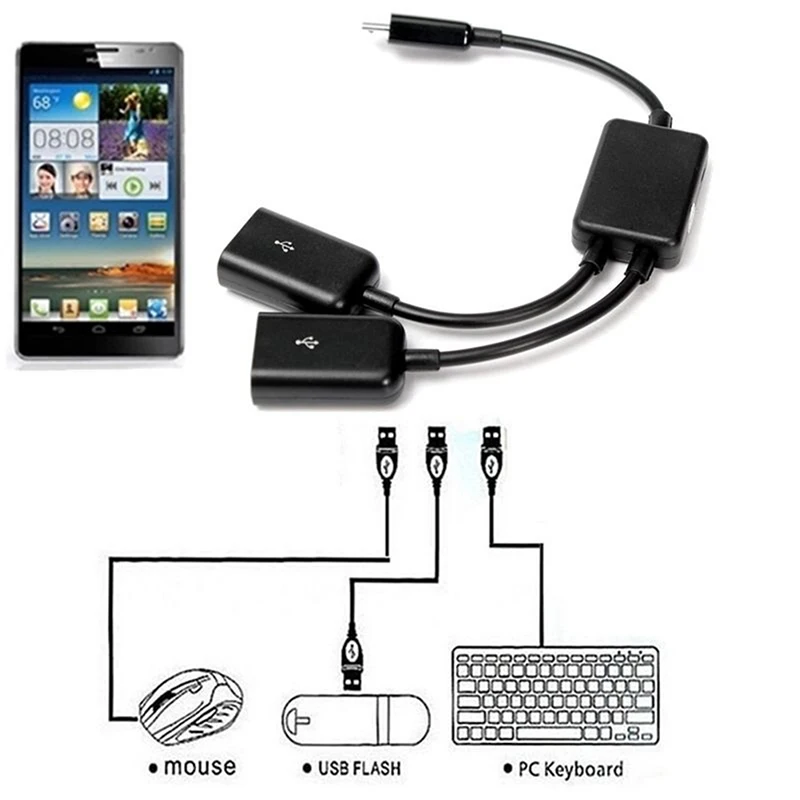1Pc Dual Micro USB OTG Hub Host Adapter Cable for Tablet PC And Smart Phone - External Drive Support