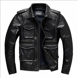 Military M65 Jackets For Men Heavy Black Genuine Leather Jacket Lapel Motorcycle Top Layer Cowhide Hunting Fashion Slim Coat Man