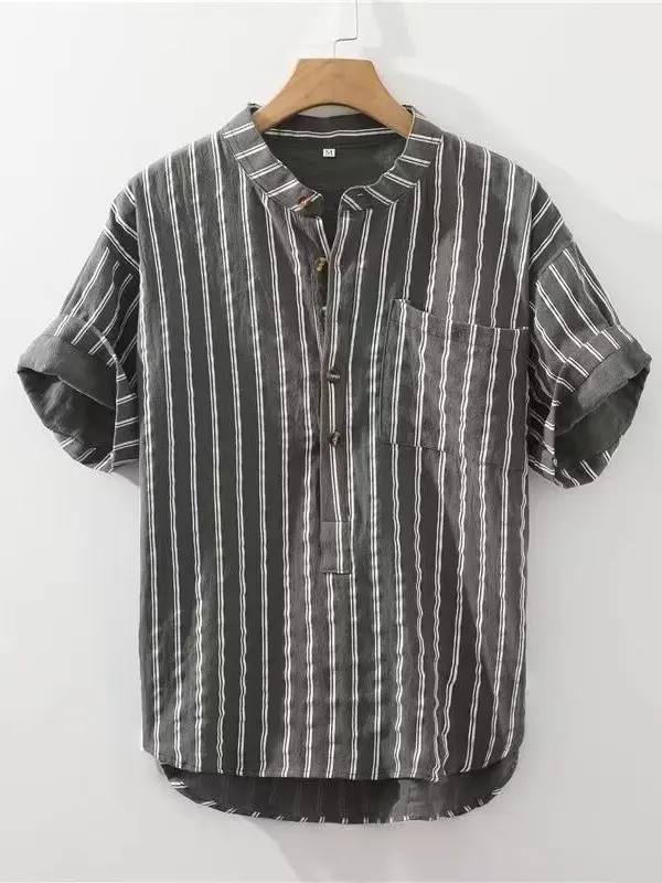 

Button up ort Sve irt Stand Collar Casual Loose Fit Polyester Japanese Sle Daily Wear Striped Pattern No ket