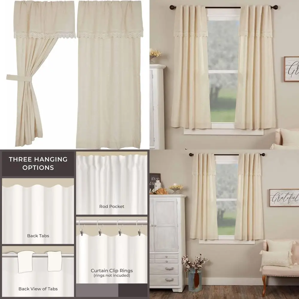 

Комплект из двух штор с кружевными вставками и отделкой крючком, 63 дюйма, натуральный кремовый цвет, винтажный фермерский стиль