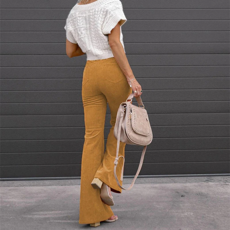 2023 Corduroy Casual Trousers Women Autumn Winter Solid High-waist Flare Pants Lady Slim Black Gray Khaki Orange Long Pants