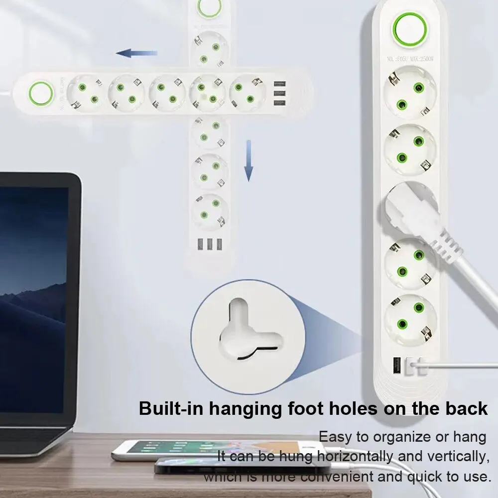 2500W EU Plug AC Outlet Multiprise Power Strip 2m Extension Cord Electrical Socket Network Filter With USB Ports Fast Charging