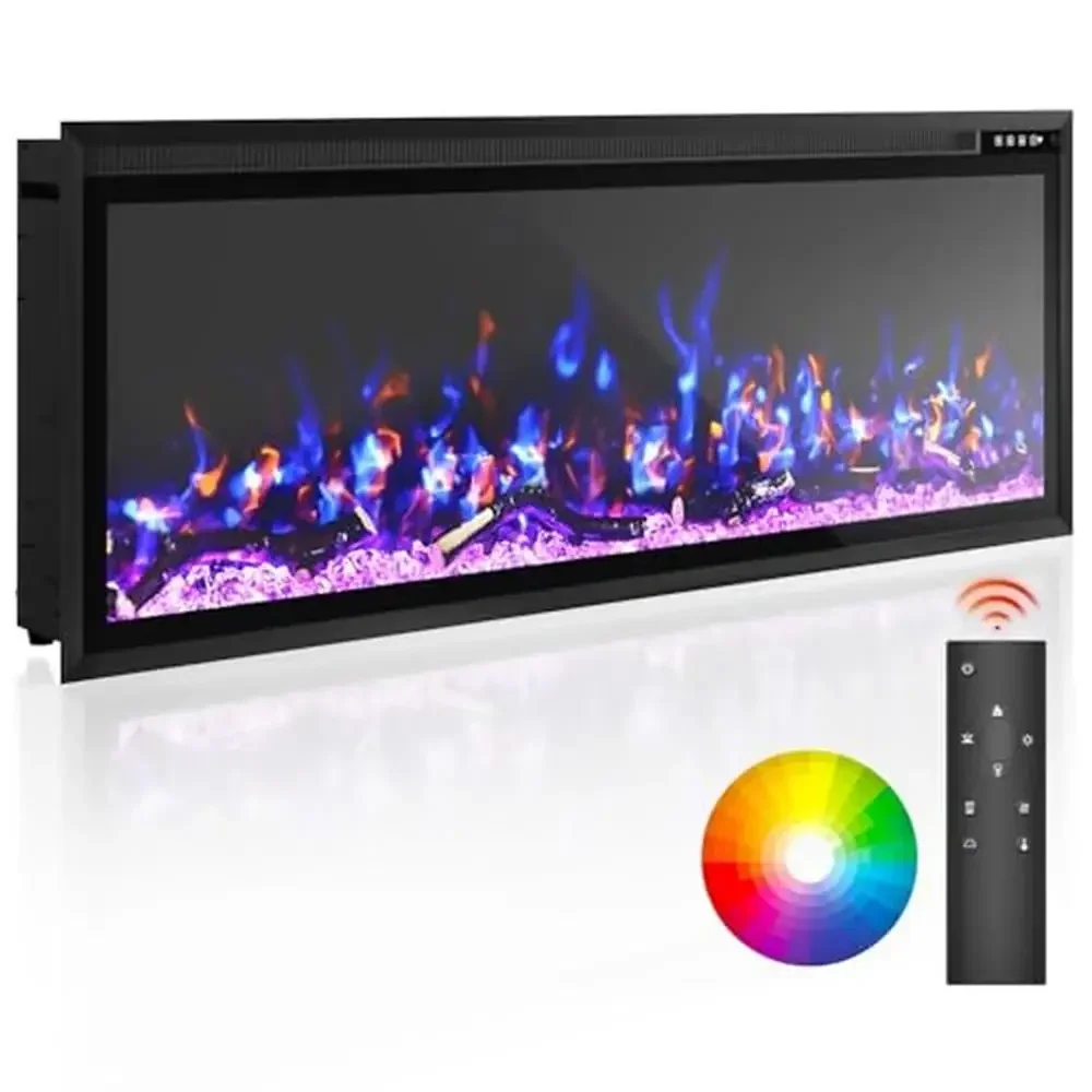 

50-дюймовый электрический камин, настенный монтаж, 12 цветов пламени, 5, яркость, пульт дистанционного управления, низкий уровень шума