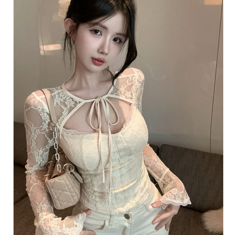 

2025 Autumn Fashion Bow Tie Hollow Out Tops Sexy Women Long Sleeve Sheer Lace Shirt Slim Fit Crochet Blouse