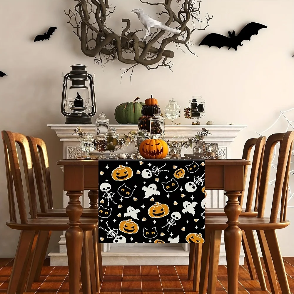 Happy Halloween Table Runner for Dining Kitchen Home Decoration Pumpkin Skeleton Dresser Scarves Hoilday Party Banquet Decor
