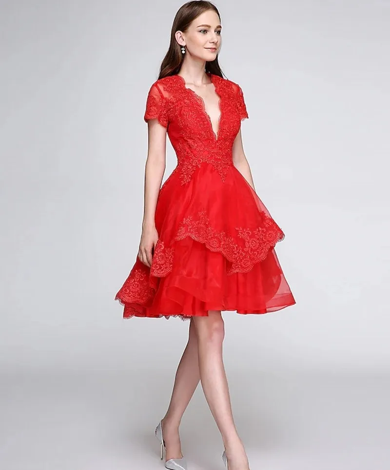 Robe trapèze rouge à manches courtes et col en V, appliques en dentelle, robe de soirée formelle, robe de Rhen organza, zones de cocktail élégantes, mignon