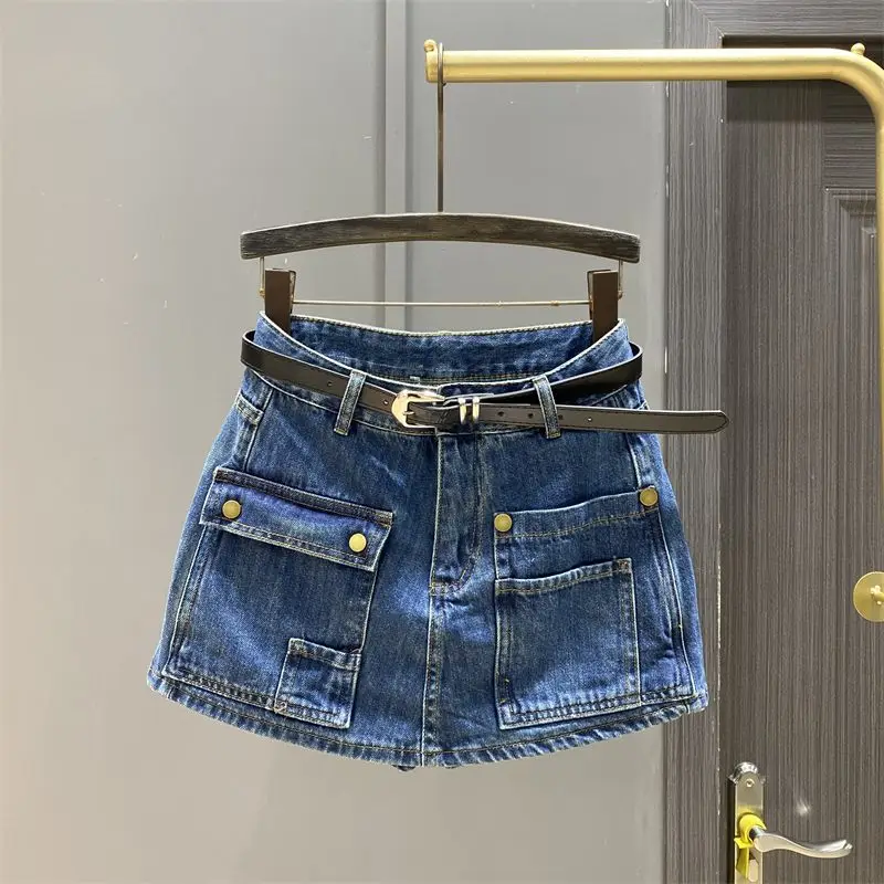 Multi-pocket Tooling Cargo Denim Skirts Women's Summer High Waist Design Sense A-shaped Short Skirt