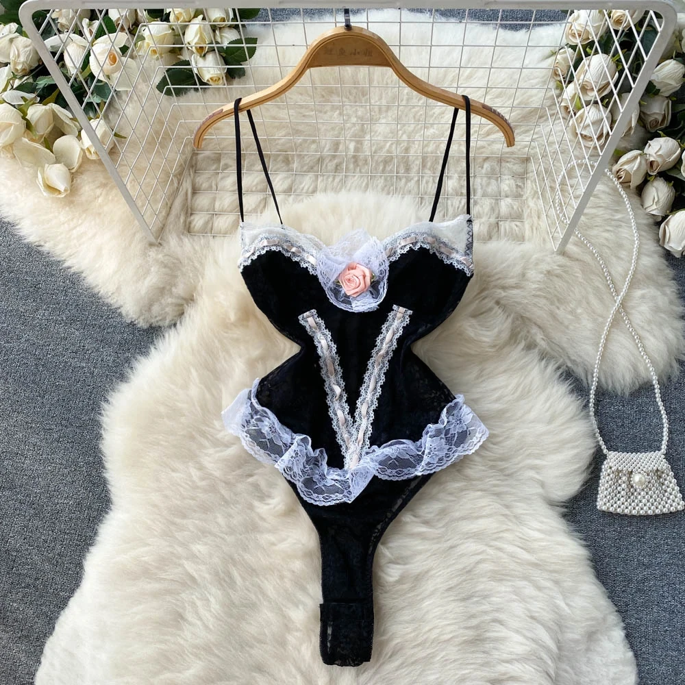 

Sexy Stray Bodysuit Lace Patchwork Streetwear Slim Sleeveless Sleepwear Camisole Black Lace Rose Lady's Shirt Sleepwear Pajamas