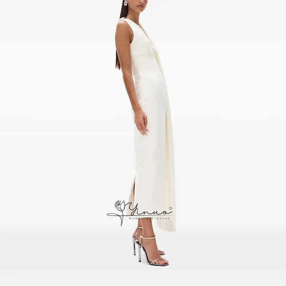 Customized  Women's Evening Dresses One Shoulder Tea Length Column Party Gown Midi Sleeveless Back Slit Wedding Guest Dress Shor