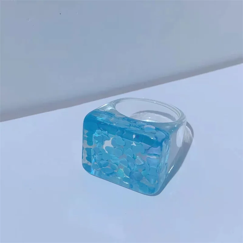 

New Autumn Winter Glitter Resin Geometric Square Ring Heart Shaped Fashionable Korean Style Women's Accessory