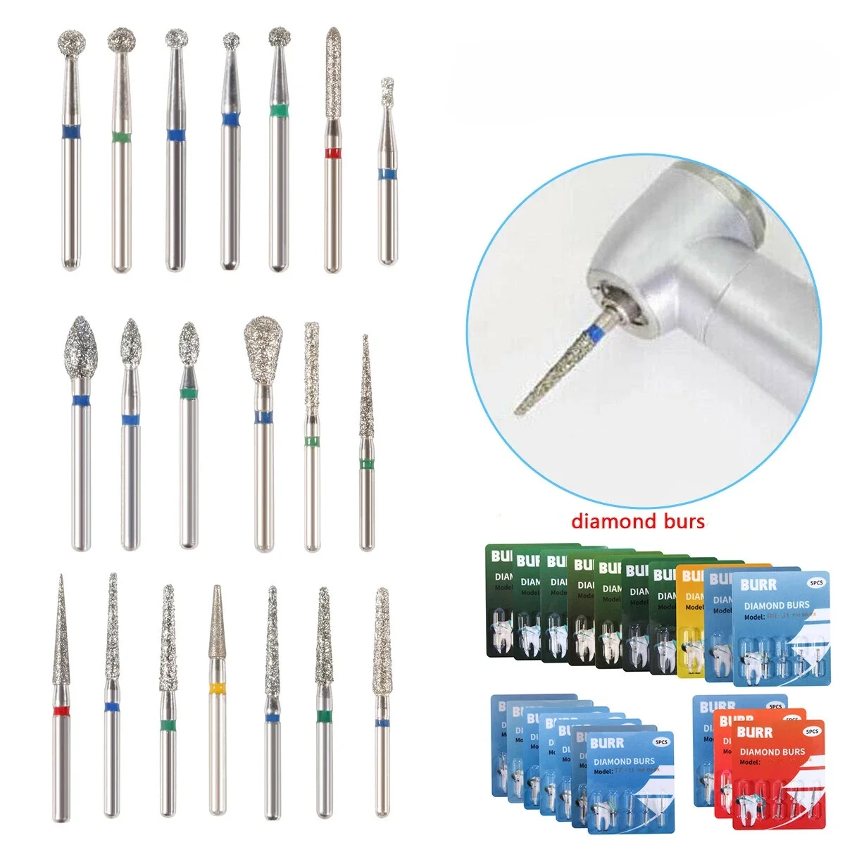 

5Pcs/Box 42Types Dental Diamond Burs For High Speed Handpiece Friction Grip FG 1.6mm Bur