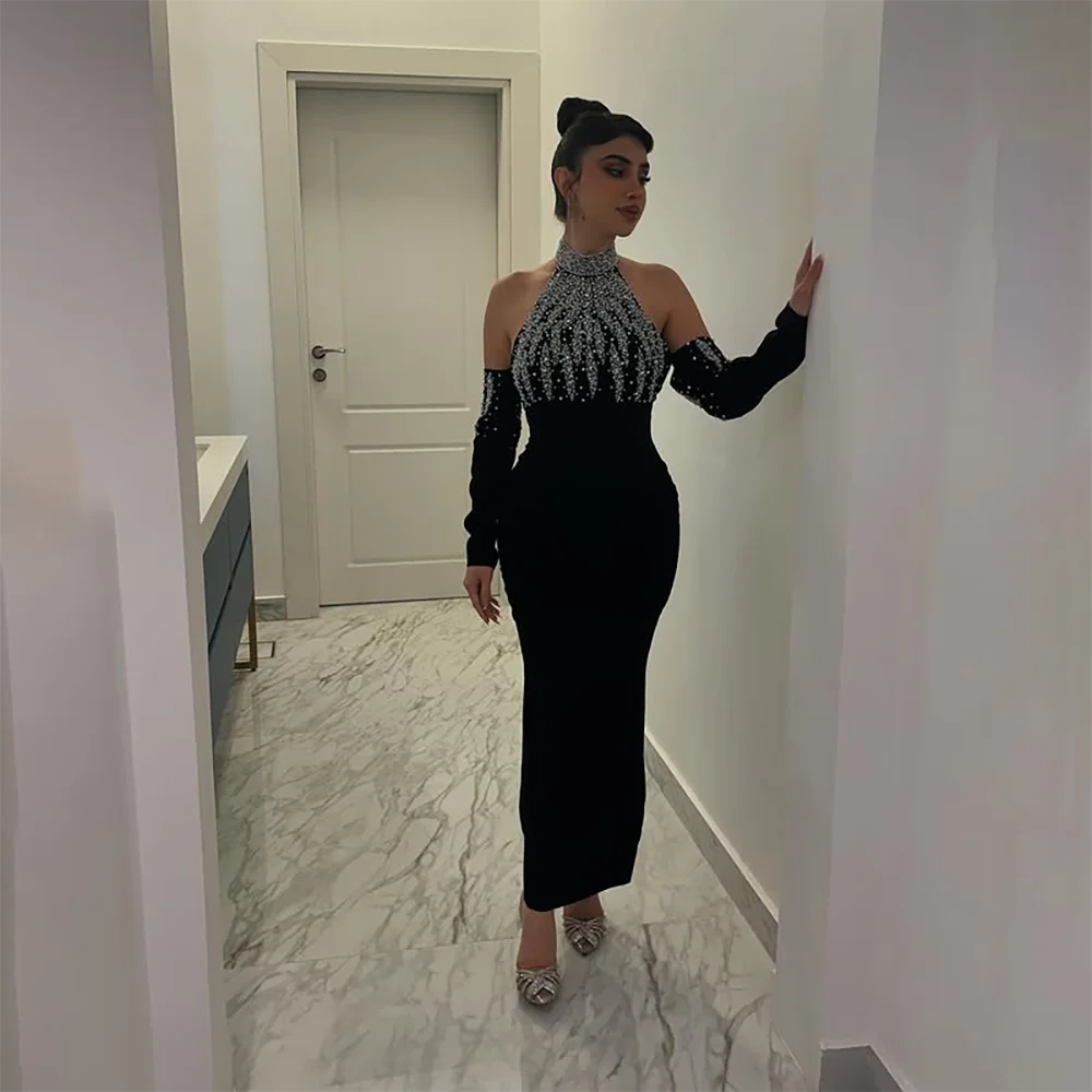 

Luxury Black Evening Dress Beading Crystal High Neck Column Party Gowns Ankle Length Straight Evening Dresses Customized