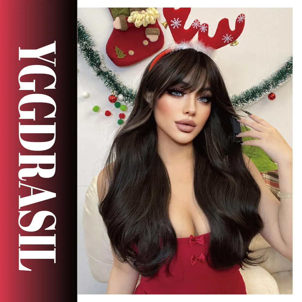 24Inch Vintage Style Dark Brown Synthetic Wigs With Bangs Medium Natural Wavy Hair Wig For Women Daily Use Party Heat Resistant