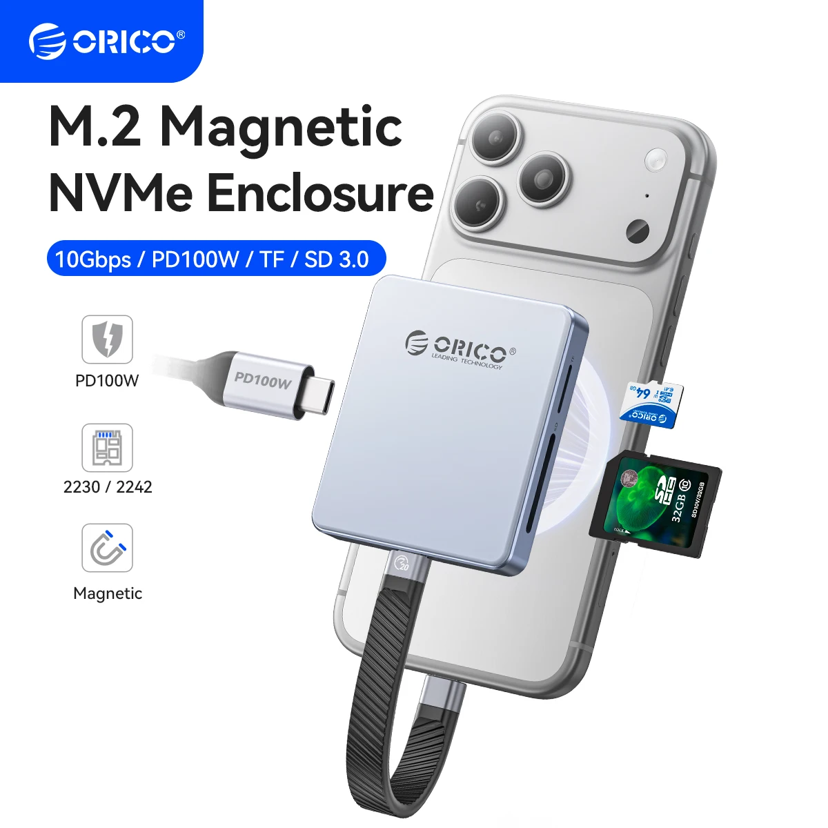ORICO Magnetic M.2 2230/2242 NVMe SSD Enclosure for iPhone 4K ProRes Recording ith SD/TF 3.0 Card Reader PD100W Charging Port
