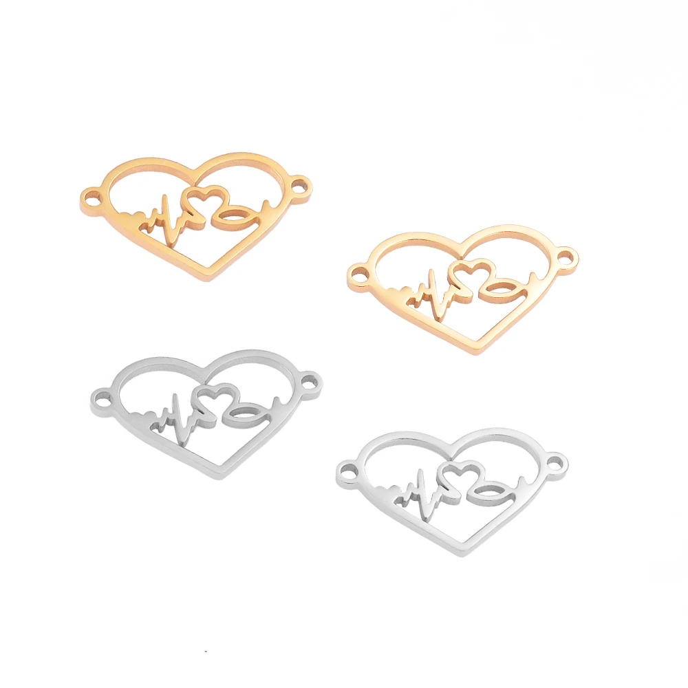 10pcs/lot Stainless Steel Heart Pendants ECG Charms Connector for DIY Jewelry Making Findings Necklace Components Accessories