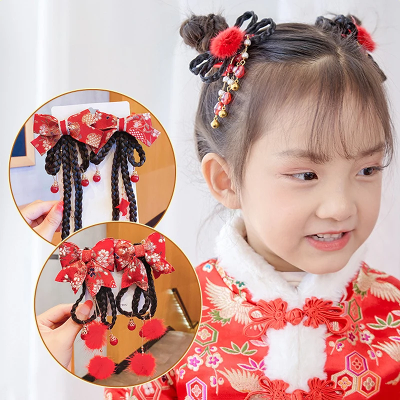 New Year Headwear for Kids Chinese Style Wigs Braided Hair Clips Hanfu Red Tassel Hairpins Girl Hair Accessory New Year Gift