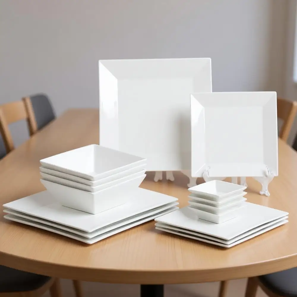 

Набор классической квадратной посуды из 16 предметов: 4 квадратных тарелки, десертные тарелки, миски и соусники, белая посуда