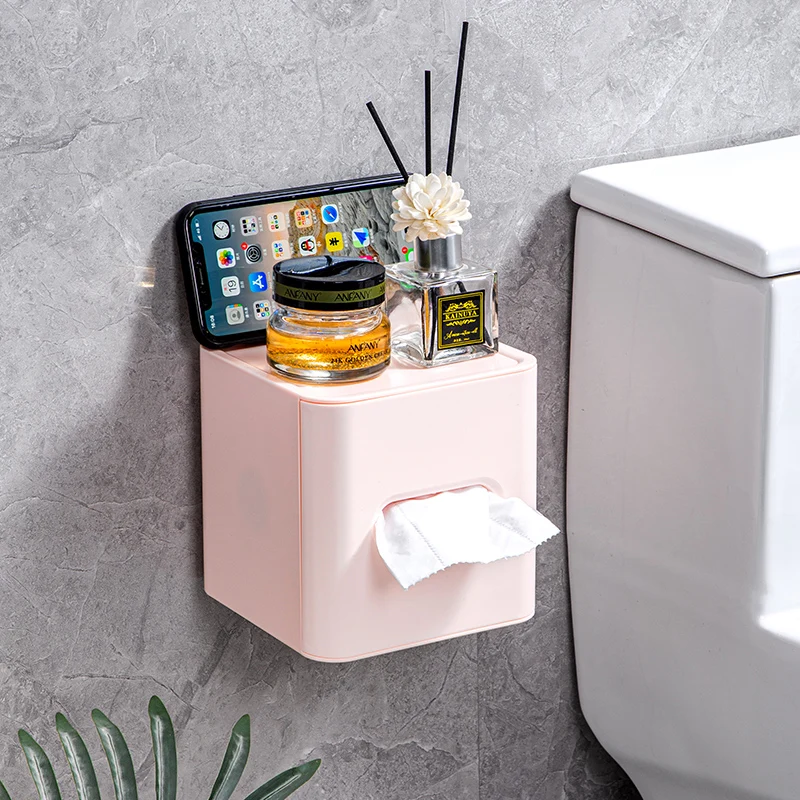 

Toilet Paper Organizer Holder Plastic Self-Adhesive Wall-Mounted Tissue Box Paper Desktop Bathroom Tissue Towle Roll Dispenser