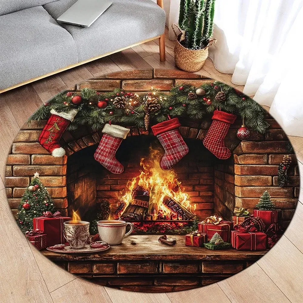 Christmas Red Socks Round Carpet Christmas Tree Elk Snowman Round Carpet Bedroom Carpet Home Floor Mat Washable Leisure Carpet