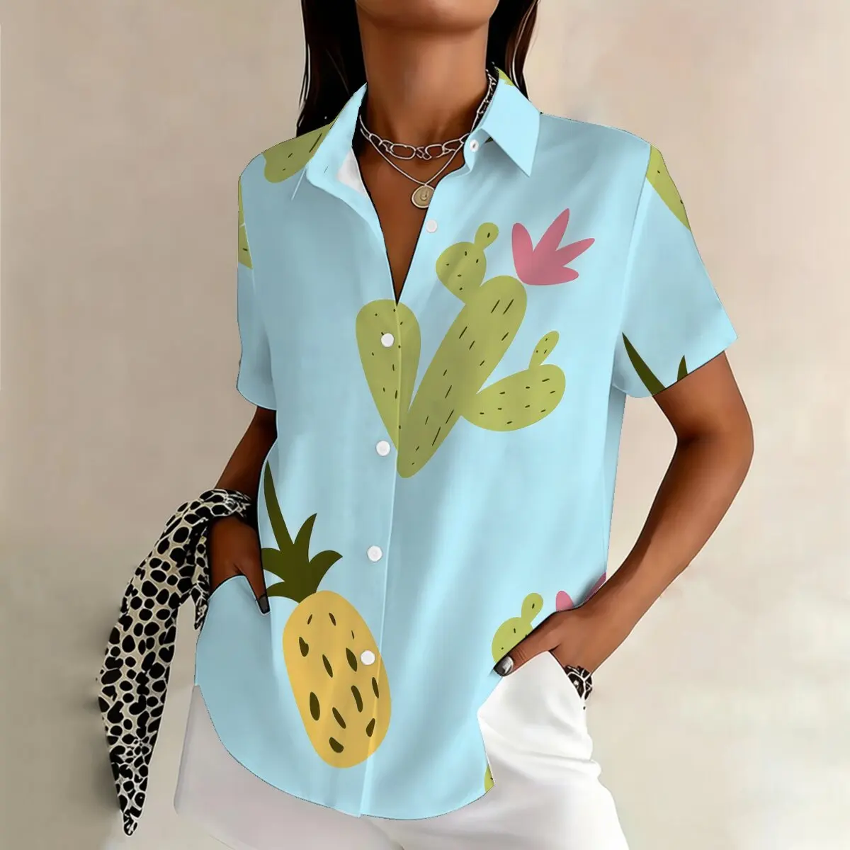 

Women's Plus Size Cactus & Pineapple Print Short Sleeve Shirt, Fresh & Cartoonish, Perfect for Vacation, Outings & Dating