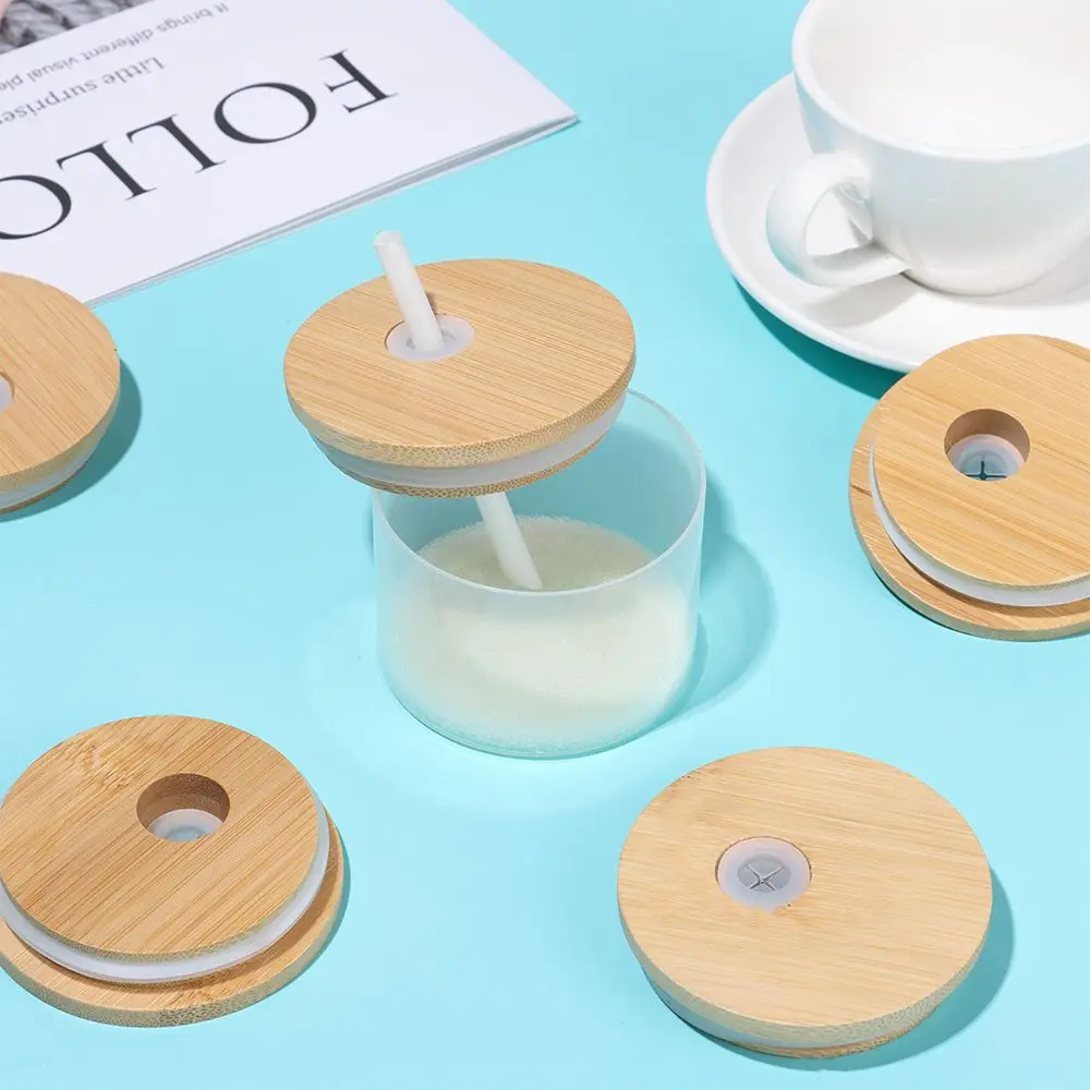 Reusable Bamboo Wood Wide Mouth Cup Eco Covers Cap Lids With Straw Hole Smoothies Canning Storage Bottles Mason Jar Lid